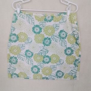 LOFT 100% Cotton Casual Short Skirt Size 12 Petite in White Green Floral Design‎